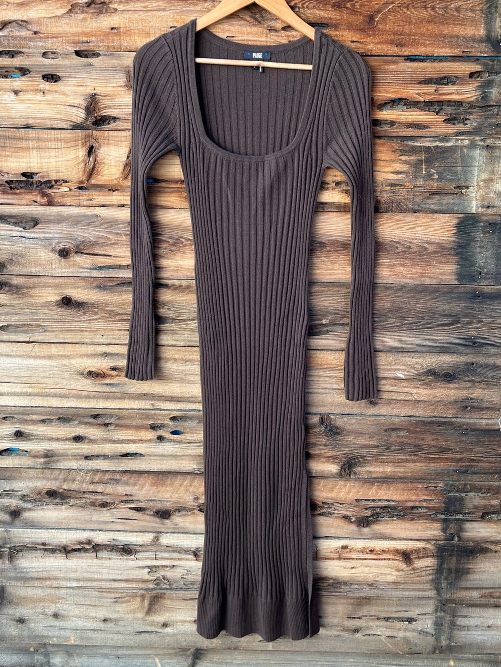 PAIGE | Wool Blend Brown Ribbed Long Sleeve Scoop Neck Knit Dress S